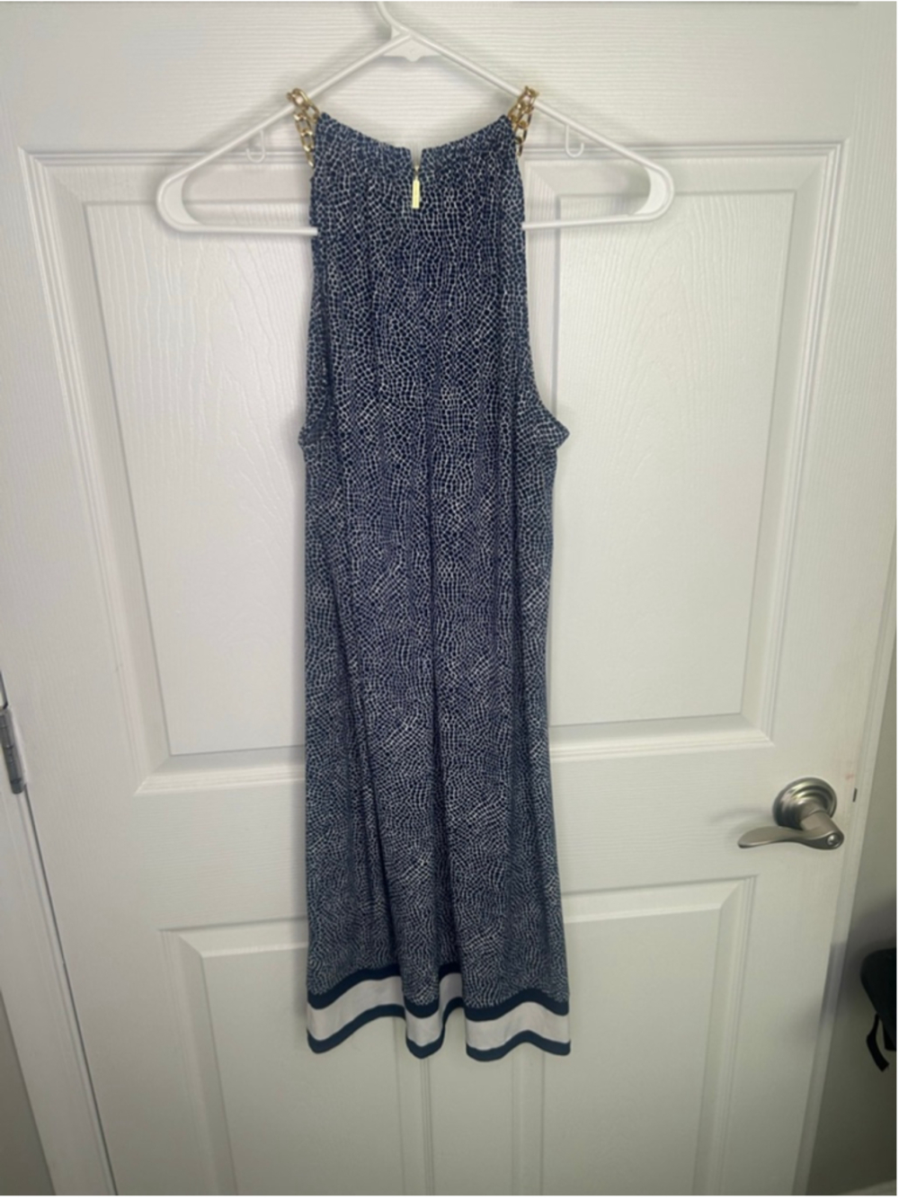 Michael Kors navy halter gold chain neckline stretch shift dress sz M